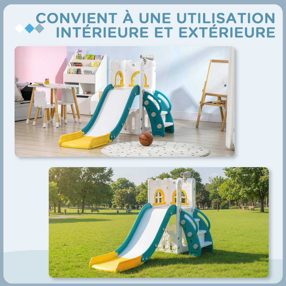 Toboggan pour enfants 5 en 1 avec panier de basket escalade télescope espace de rangement 70 x 177 x 92 cm jaune-7