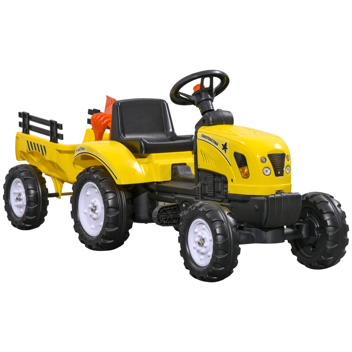 Porteur tracteur enfants avec remorque, râteau et pelle, tracteur à pédales 6 roues, charge 35 kg, pour 3+ ans, jaune-0