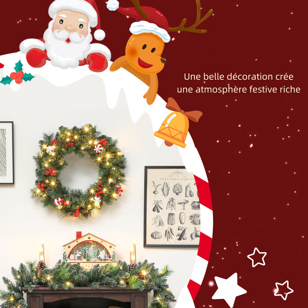 Couronne de Noël lumineuse 60 cm avec 50 LED, minuterie, 146 pointes, pommes de pin, baies, boules décoratives, vert-3