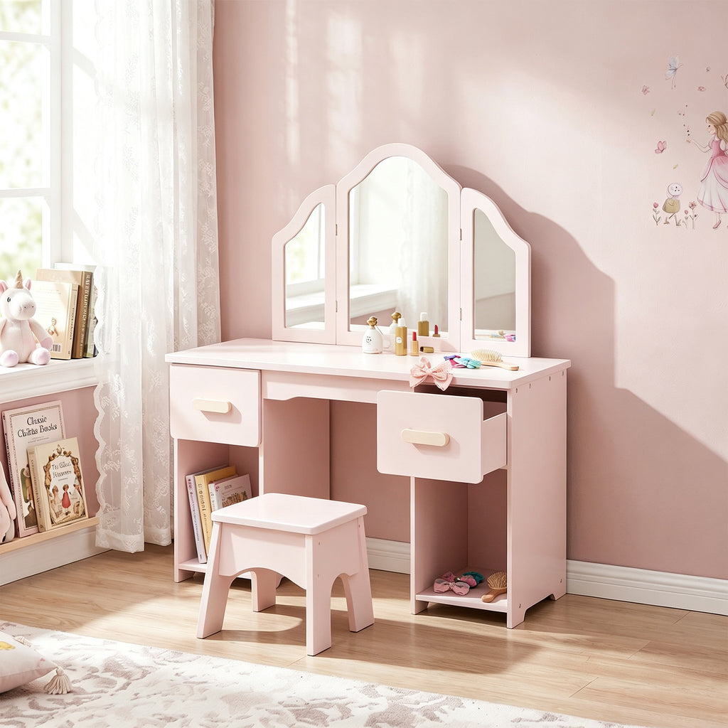Coiffeuse pour Enfants avec Tabouret et Miroir à Trois Volets en Acrylique, 2 Tiroirs et 2 Placards, Rose-1