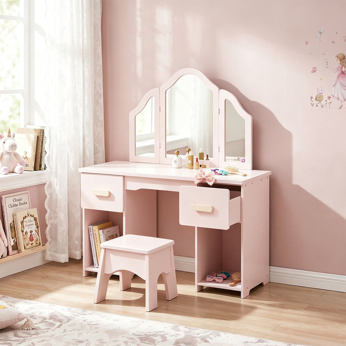 Coiffeuse pour Enfants avec Tabouret et Miroir à Trois Volets en Acrylique, 2 Tiroirs et 2 Placards, Rose-1