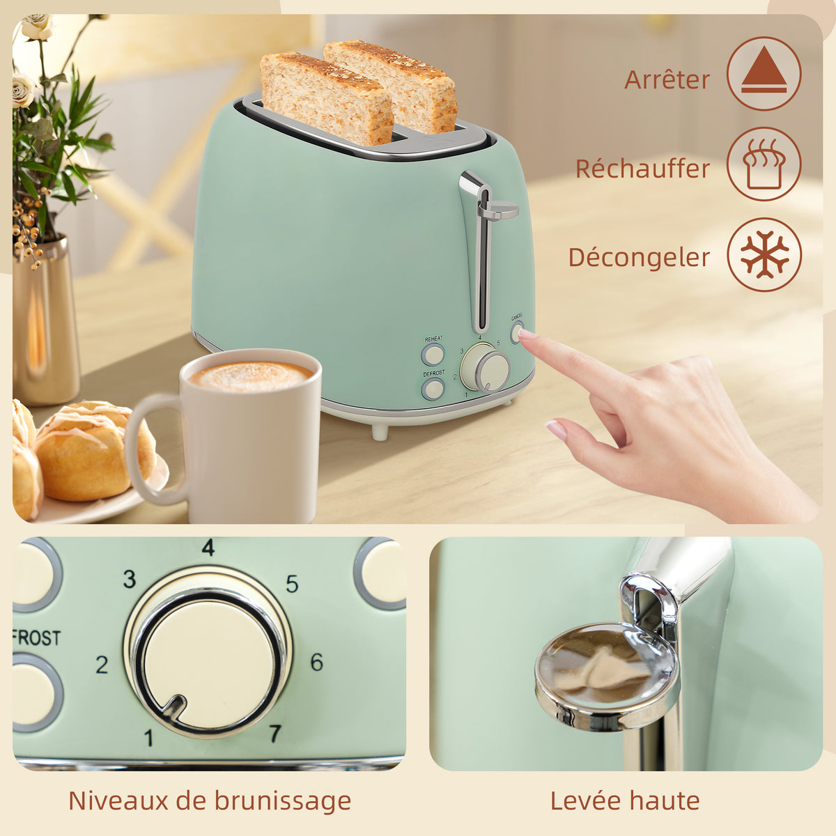 Ensemble bouilloire et grille-pain, bouilloire en acier inoxydable 1,7 L et 2200 W et grille-pain à 2 tranches, vert-7