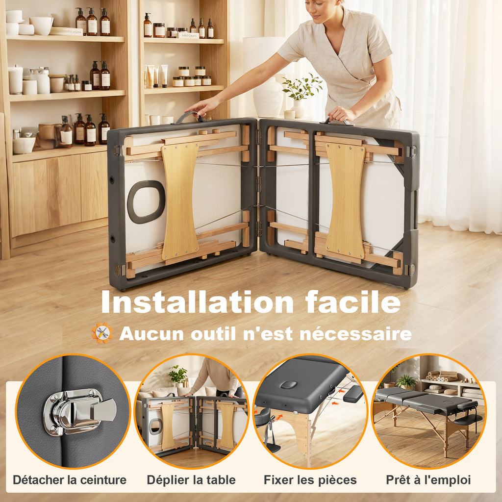 Table de massage pliante, lit de massage 3 zones portable 185 x 60 cm, hauteur et dossier réglables, appui-tête, gris-5