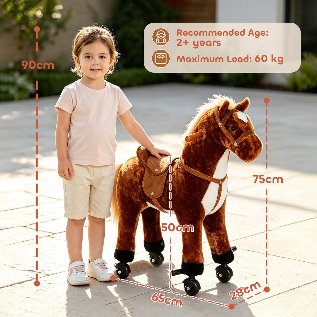 Cheval à Monter pour Enfant, Cheval à Roulettes en Peluche, Sons Réalistes, Poignée, 75 cm de Haut, Marron-2