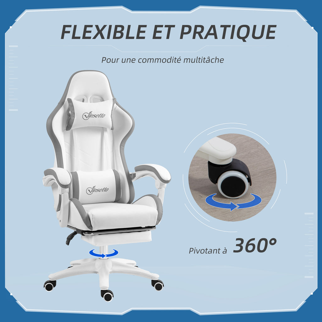 Chaise gaming fauteuil gaming ergonomique avec dossier inclinable à 135° et soutien lombaire, 65 x 65 x 121-129 cm blanc-5