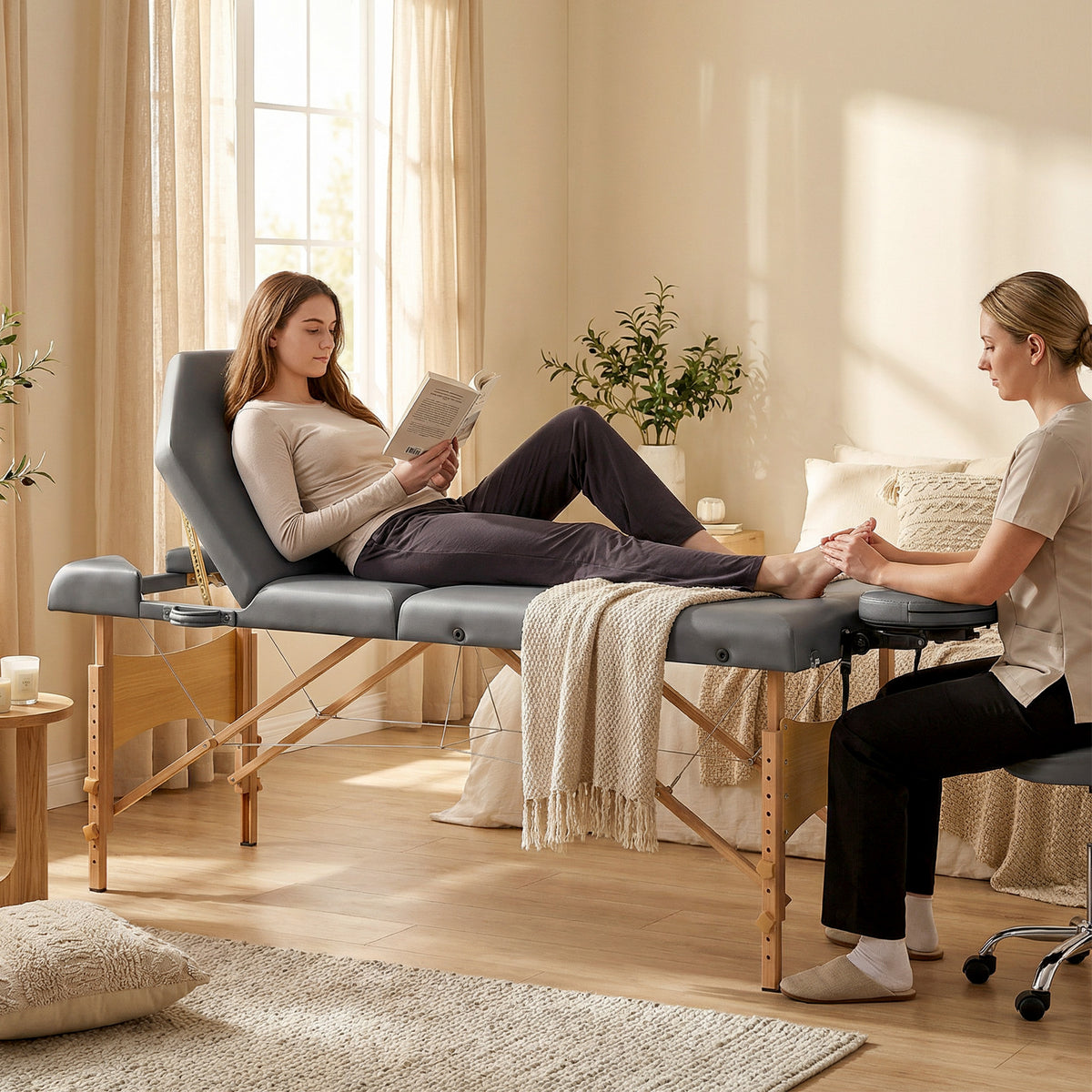 Table de massage pliante, lit de massage 3 zones portable 185 x 60 cm, hauteur et dossier réglables, appui-tête, gris-7