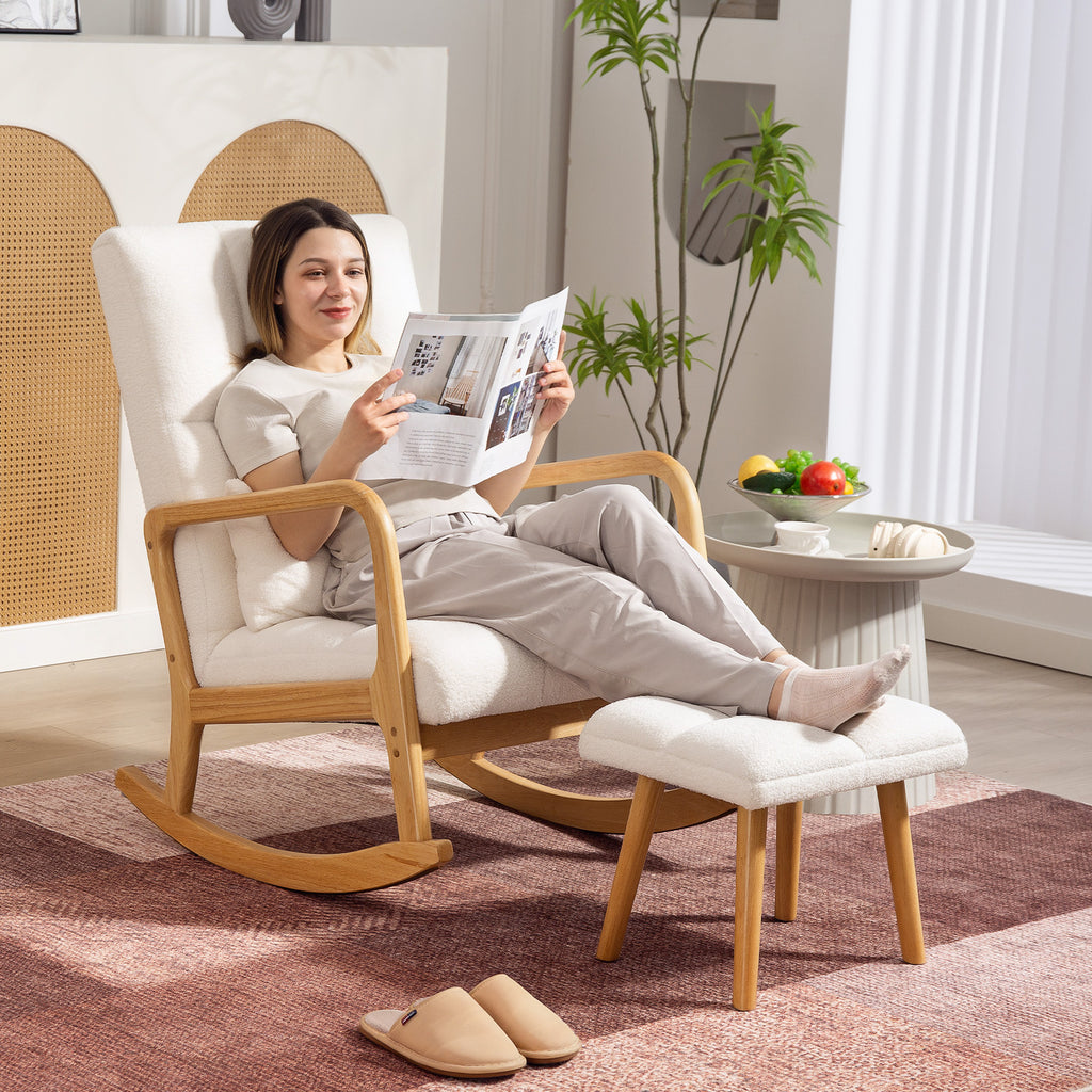 Fauteuil à bascule avec repose-pieds, rocking chair en tissu bouclette, pieds en bois, 64,5 x 82 x 89 cm, blanc-1
