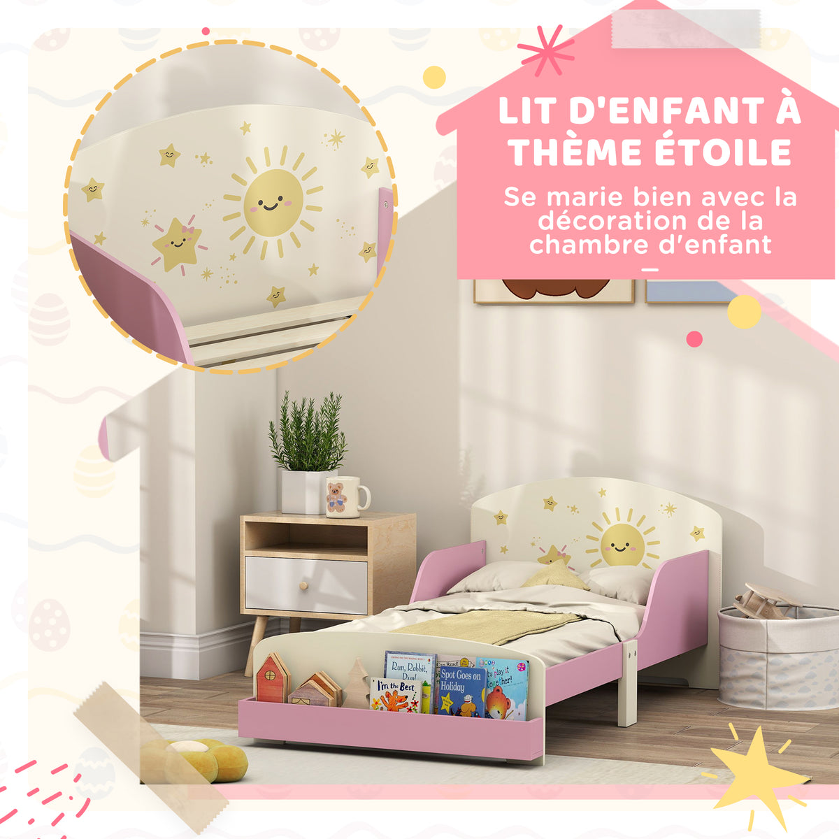 Lit enfant 70 x 140 cm, lit pour enfant avec barriere de securite et sommier à lattes, espace de rangement, rose-4