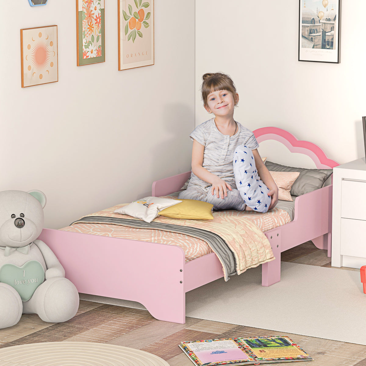 Lit pour enfants de 3 à 6 ans 143 x 74 x 55 cm design nuage sommier à lattes inclus chambre moderne rose-9