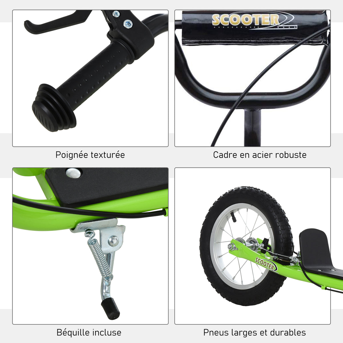 Trottinette patinette Enfants à partir de 5 Ans Grandes Roues Guidon réglable poignée Frein et béquille Acier Vert-6