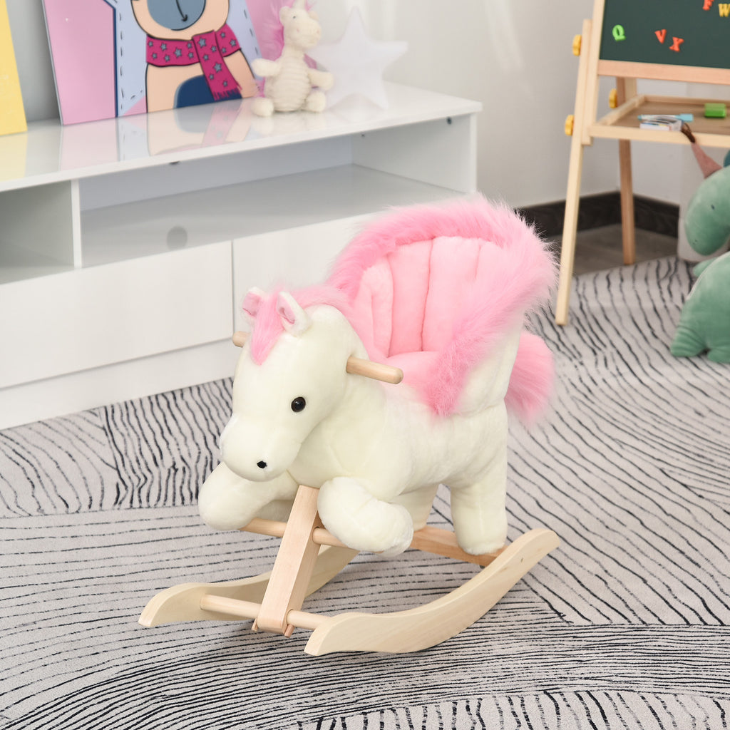 Cheval à Bascule Fonction Musicale Selle Grand Confort Peluche Courte Douce Pour Enfants 18-36 Mois Bois peuplier Blanc et Rose dim. 70L x 28l x 57H cm-9