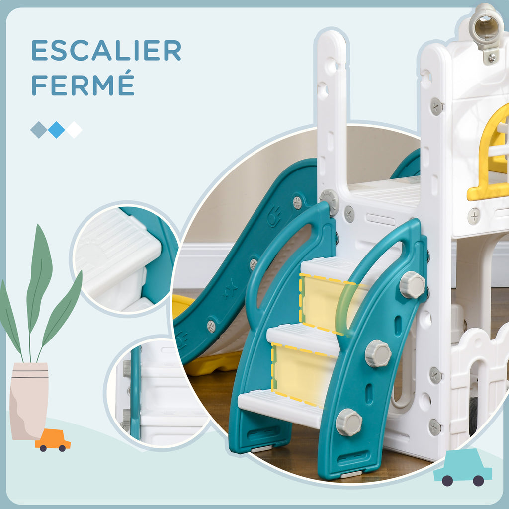 Toboggan pour enfants 5 en 1 avec panier de basket escalade télescope espace de rangement 70 x 177 x 92 cm jaune-5