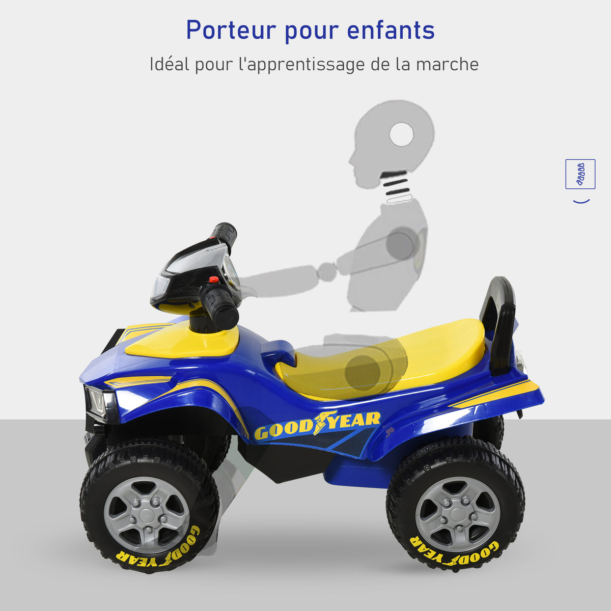Porteur Enfants Quad 18-36 Mois dim. 60L x 31l x 42H cm Effets Lumineux et sonore Bleu Jaune-4