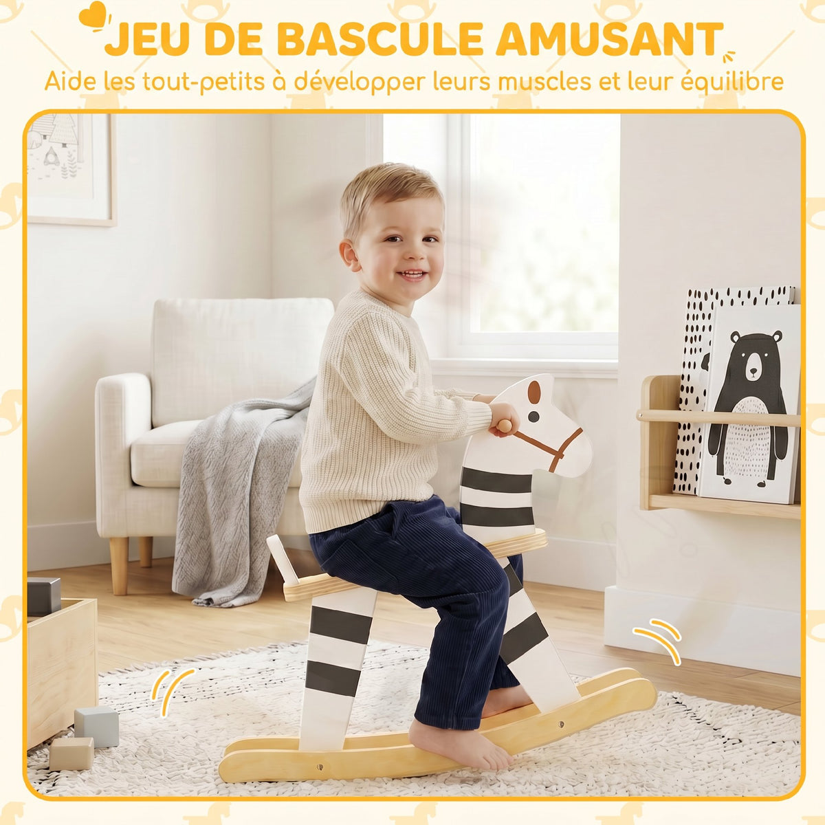 Cheval à Bascule pour Enfant, Jouet à Bascule pour Enfant avec Base en Bois et Dossier, 18 Mois à 3 Ans, Noir et Blanc-5