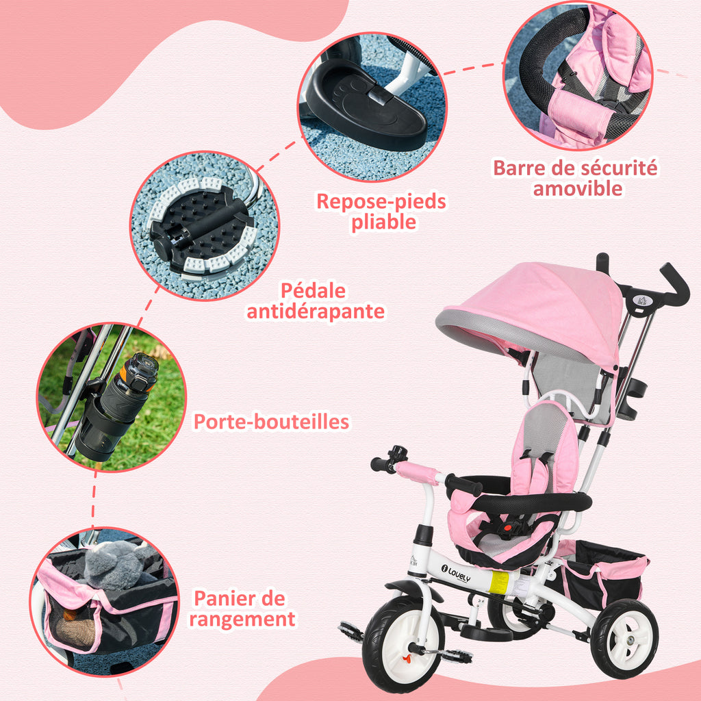 Tricycle Enfant évolutif Pare-Soleil Pliable Canne télescopique Amovible 95 x 50 x 106 cm Acier Rose-6