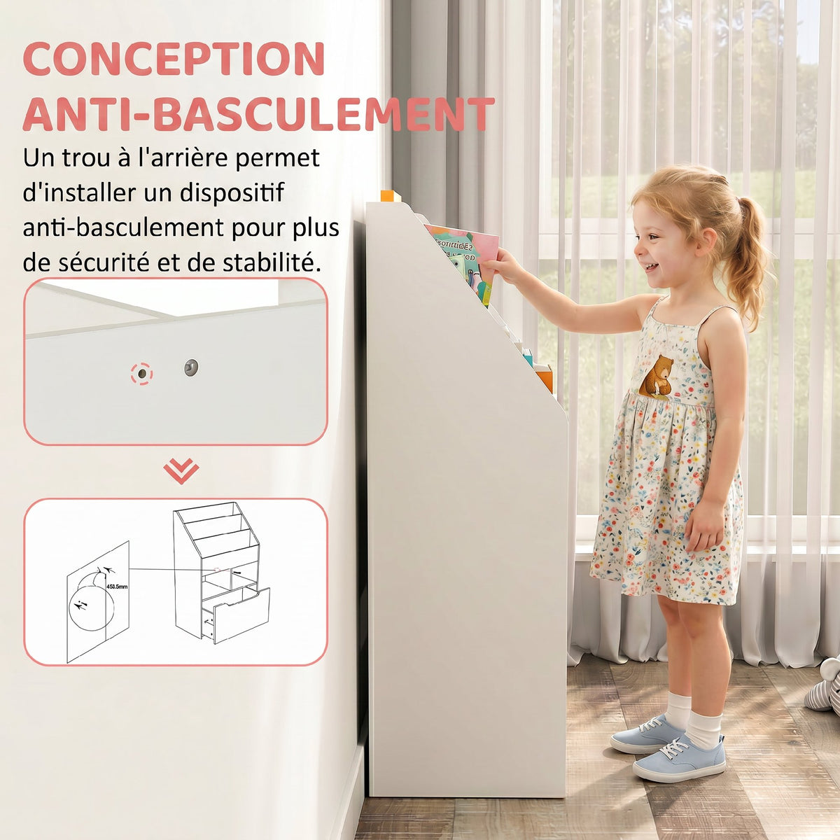 Bibliothèque étagère Multi-Rangement 3 étagères 2 niches Grand tiroir en bois Blanc-6