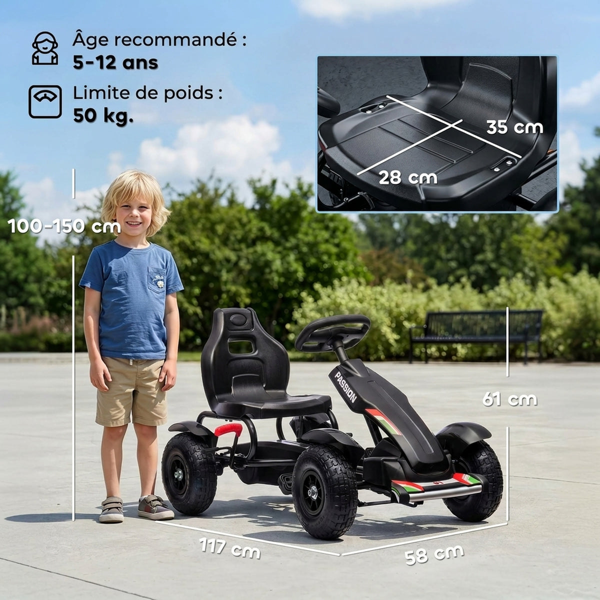 Kart à pédales pour enfant siège réglable 3 positions frein à main enfant de 5 à 12 ans noir-2
