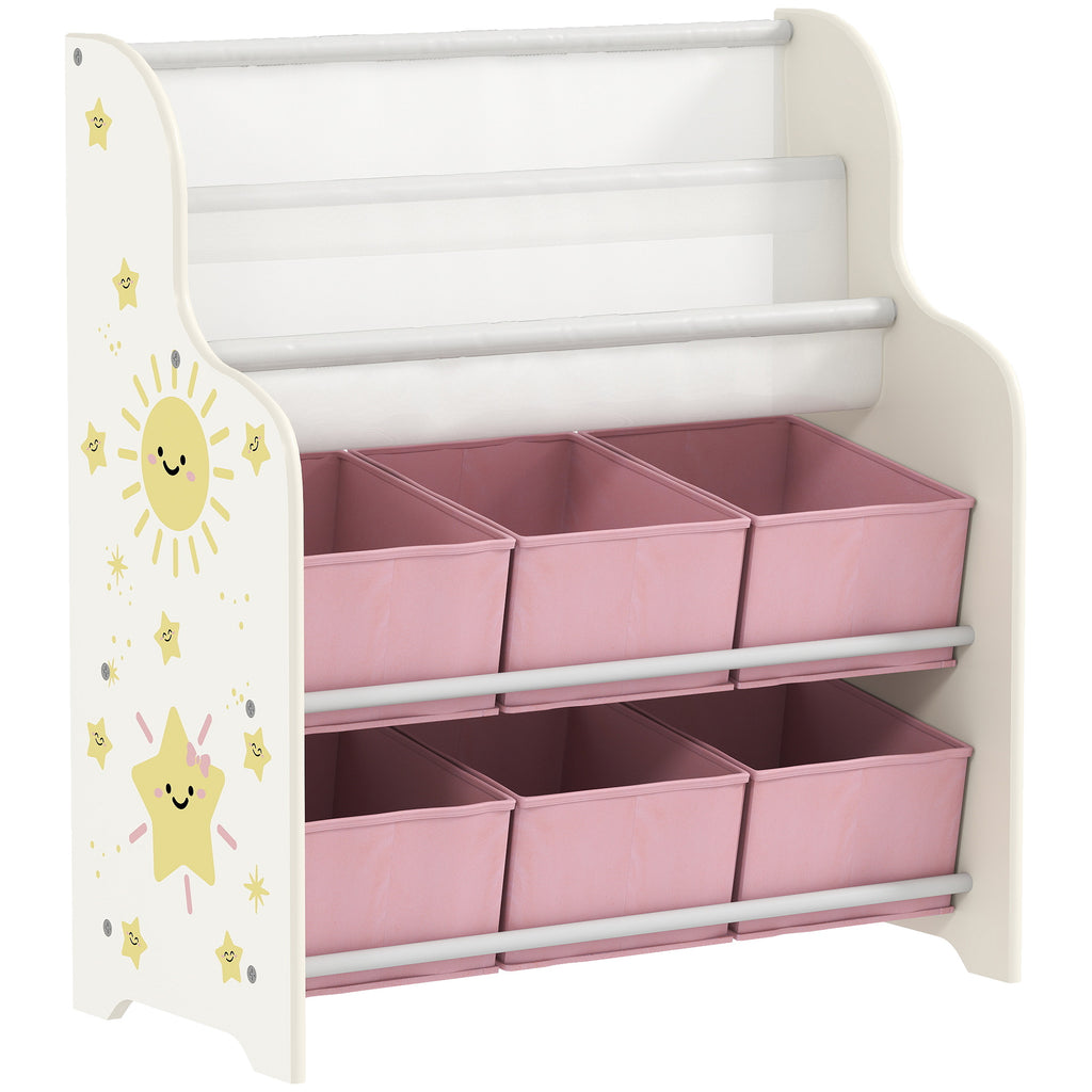 Meuble Rangement Enfant, Rangement Jouet Enfant, 6 Tiroirs en Tissu et Étagère à Deux Niveaux, 63x30x71cm, Rose-0