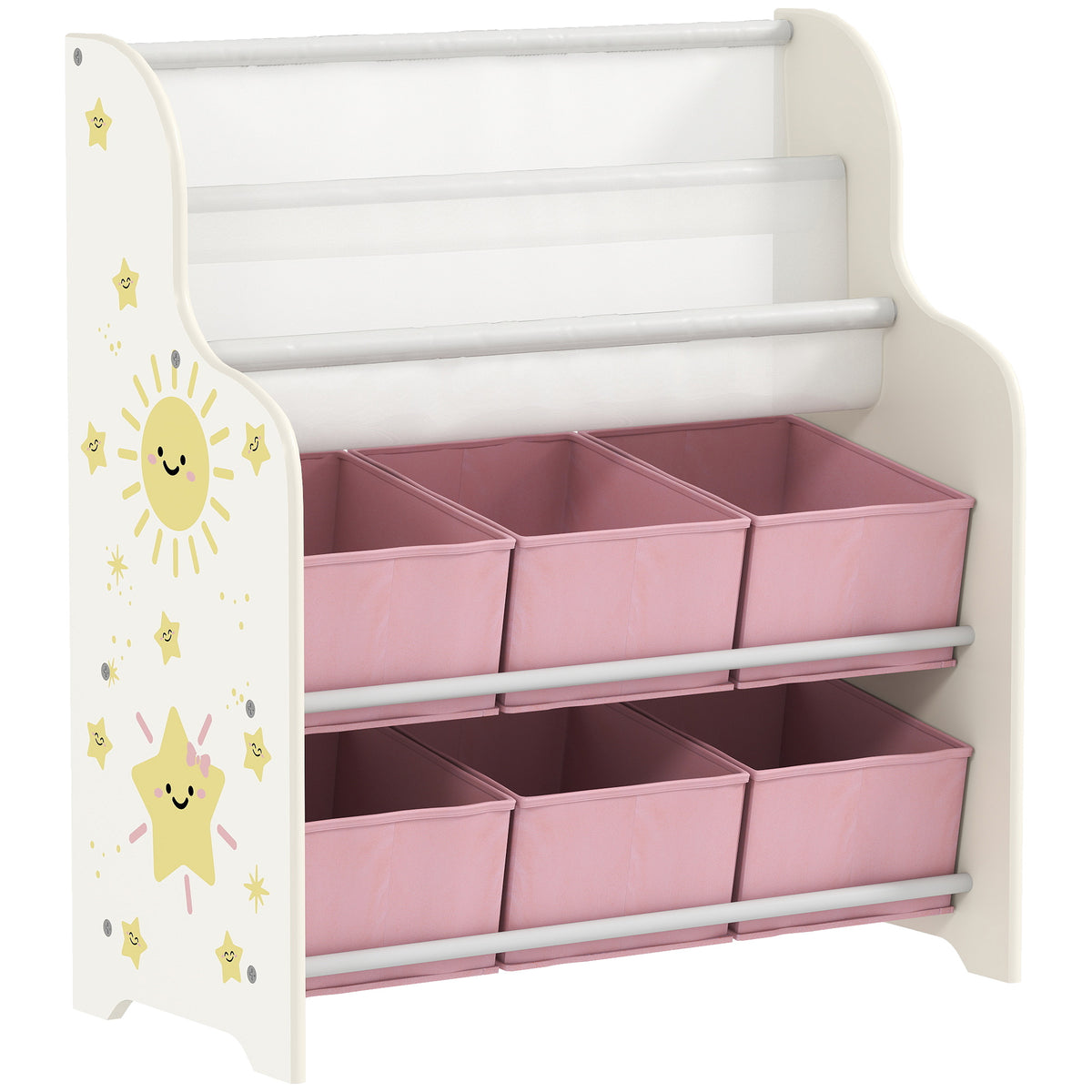 Meuble Rangement Enfant, Rangement Jouet Enfant, 6 Tiroirs en Tissu et Étagère à Deux Niveaux, 63x30x71cm, Rose-0