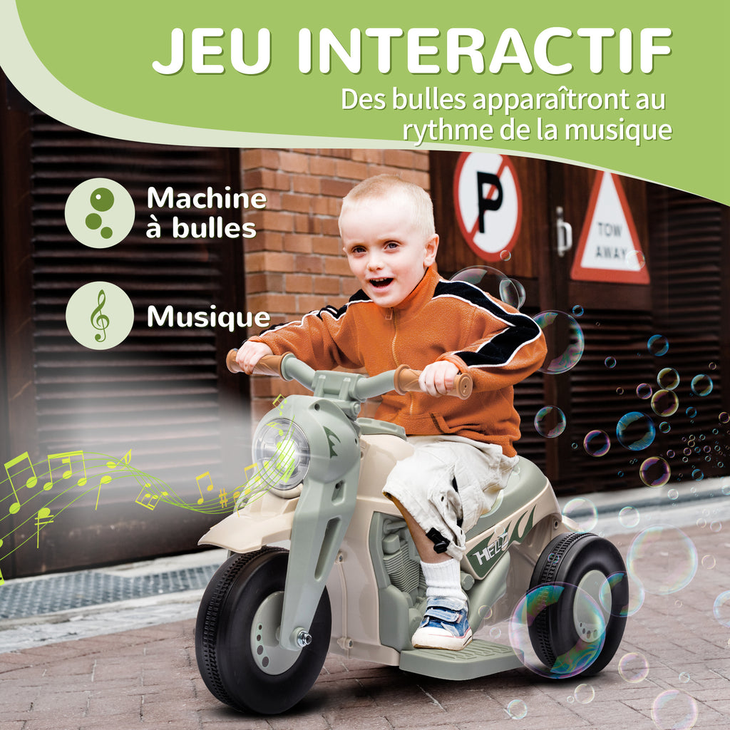 Moto électrique enfants 2-5 ans, 3 roues, 6 V, 3 km/h, avec fonction de bulles, effets lumineux et sonores, blanc crème-3
