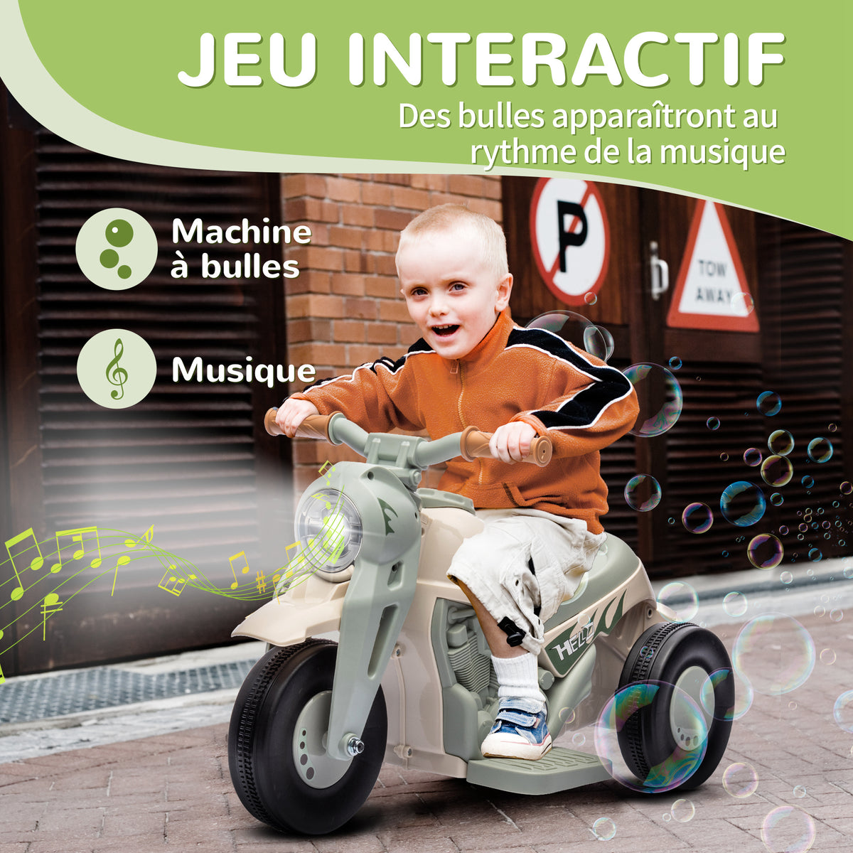Moto électrique enfants 2-5 ans, 3 roues, 6 V, 3 km/h, avec fonction de bulles, effets lumineux et sonores, blanc crème-3