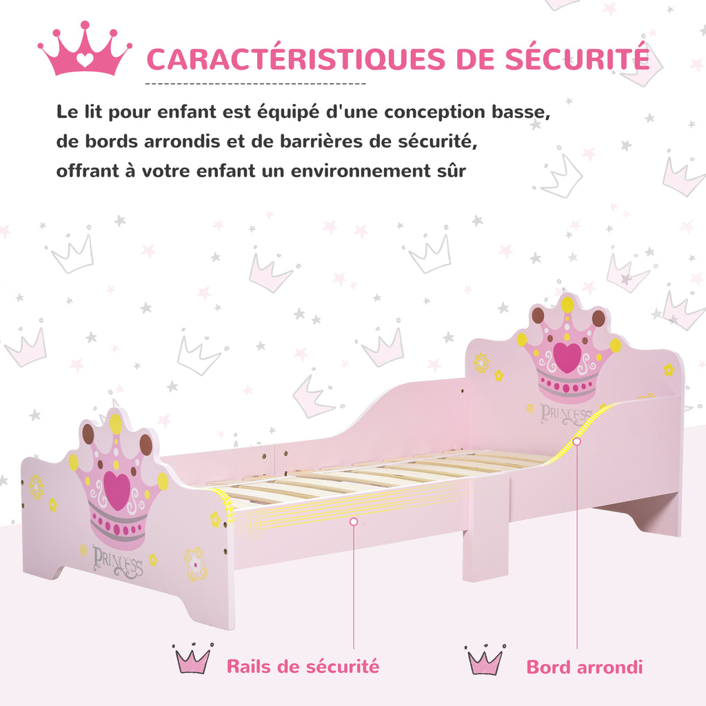 Lit Enfant 140 x 70 cm - lit d'enfant Design Princesse Motif Couronne - sommier à Lattes Inclus - MDF Contre-plaqué Rose-4