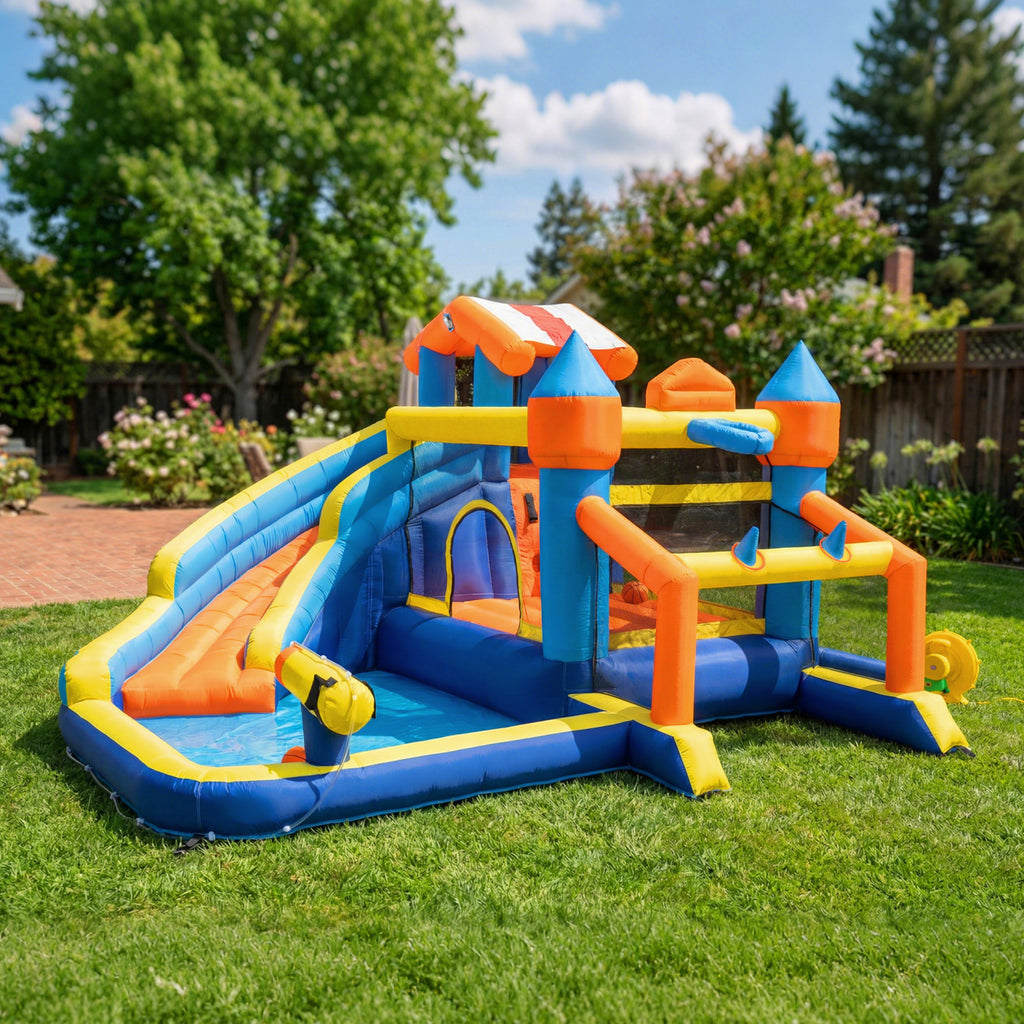 Château gonflable avec souffleur 8 en 1, parc aquatique, toboggan, trampoline, piscine à balles, multicolore-1