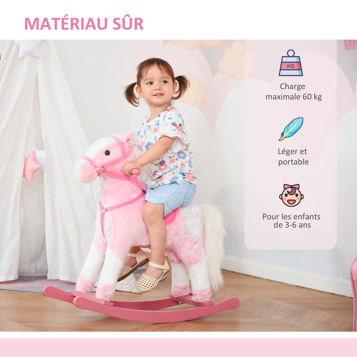 Cheval à Bascule en Bois et Peluche pour Enfant Cheval de Cowboy peluche Pour Enfants de 3-6 Ans Jouet balançoire avec Effet sonore Selle rênes Rose Blanc-5
