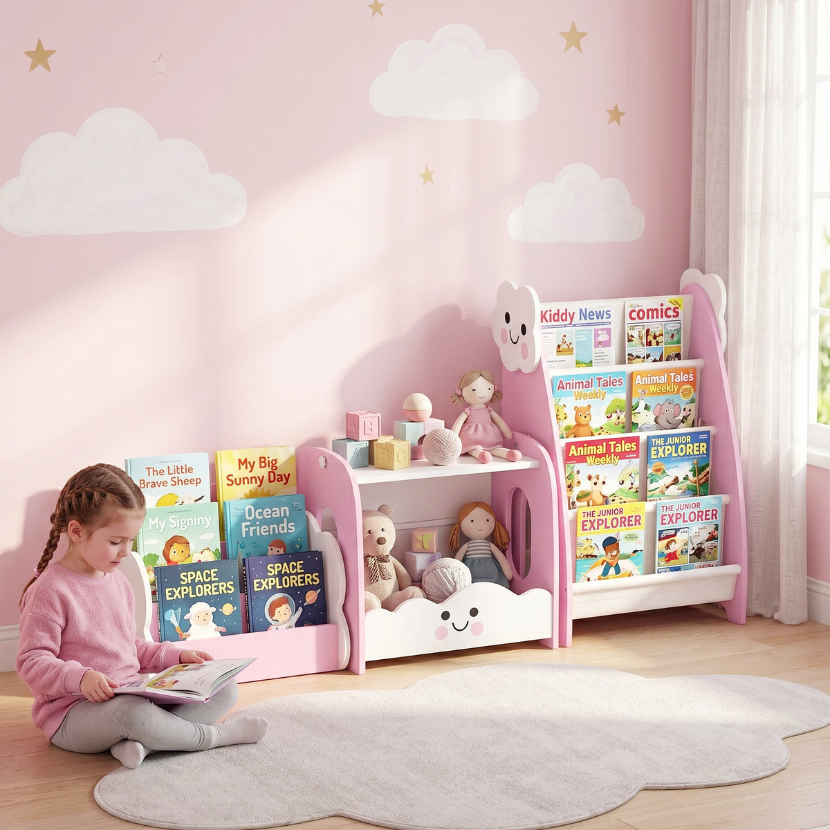 Meuble rangement enfant 3 à 8 ans, rangement jouets enfant modulaire avec porte-magazines à 4 étagères, rose-9
