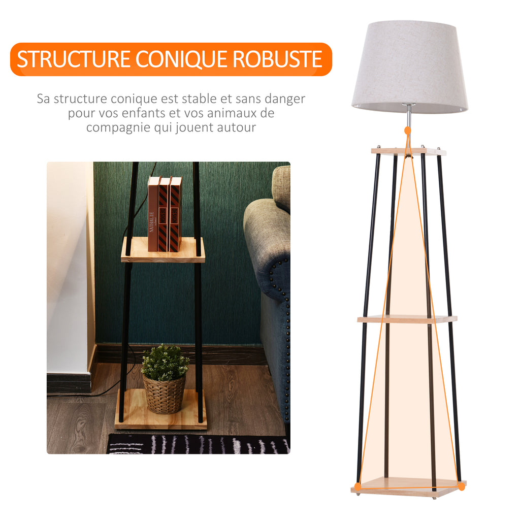 Lampadaire design contemporain dim. 40L x 40l x 160H cm 40 W max. 3 étagères intégrées bois massif pin métal noir lin beige-5