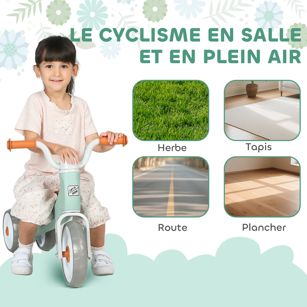 Draisienne bébé 1-3 ans jusqu'à 20 kg, vélo enfants sans pédale, 3 roues silencieuses, 69 x 40 x 49 cm, vert-6