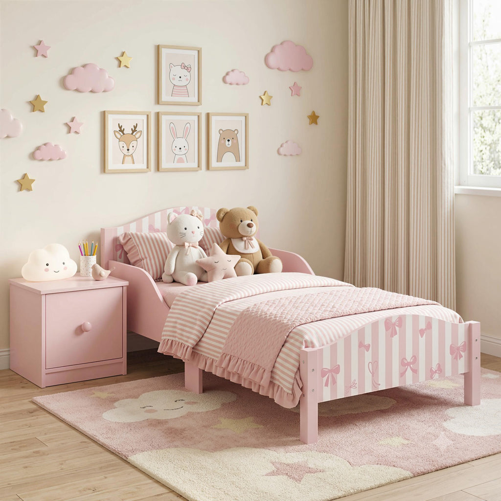 Lit Enfant 70 x 140 cm, Lit pour Enfant avec Barrière de Sécurité et Sommier à Lattes en Bois, Motif Nœud, Rose-9