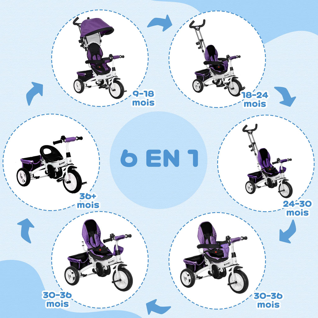 Tricycle enfant évolutif pare-soleil pliable canne télescopique amovible 95 x 50 x 106 cm acier violet blanc-3