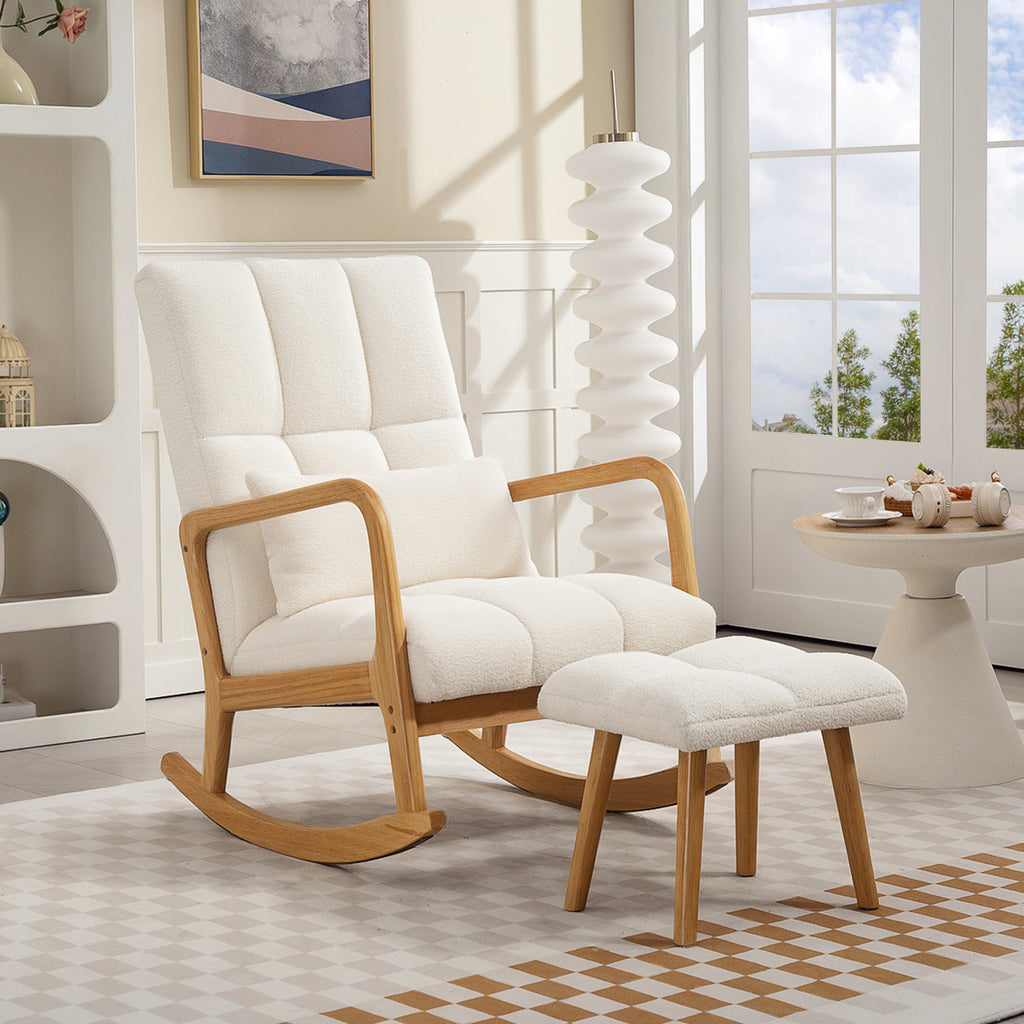 Fauteuil à bascule avec repose-pieds, rocking chair en tissu bouclette, pieds en bois, 64,5 x 82 x 89 cm, blanc-9