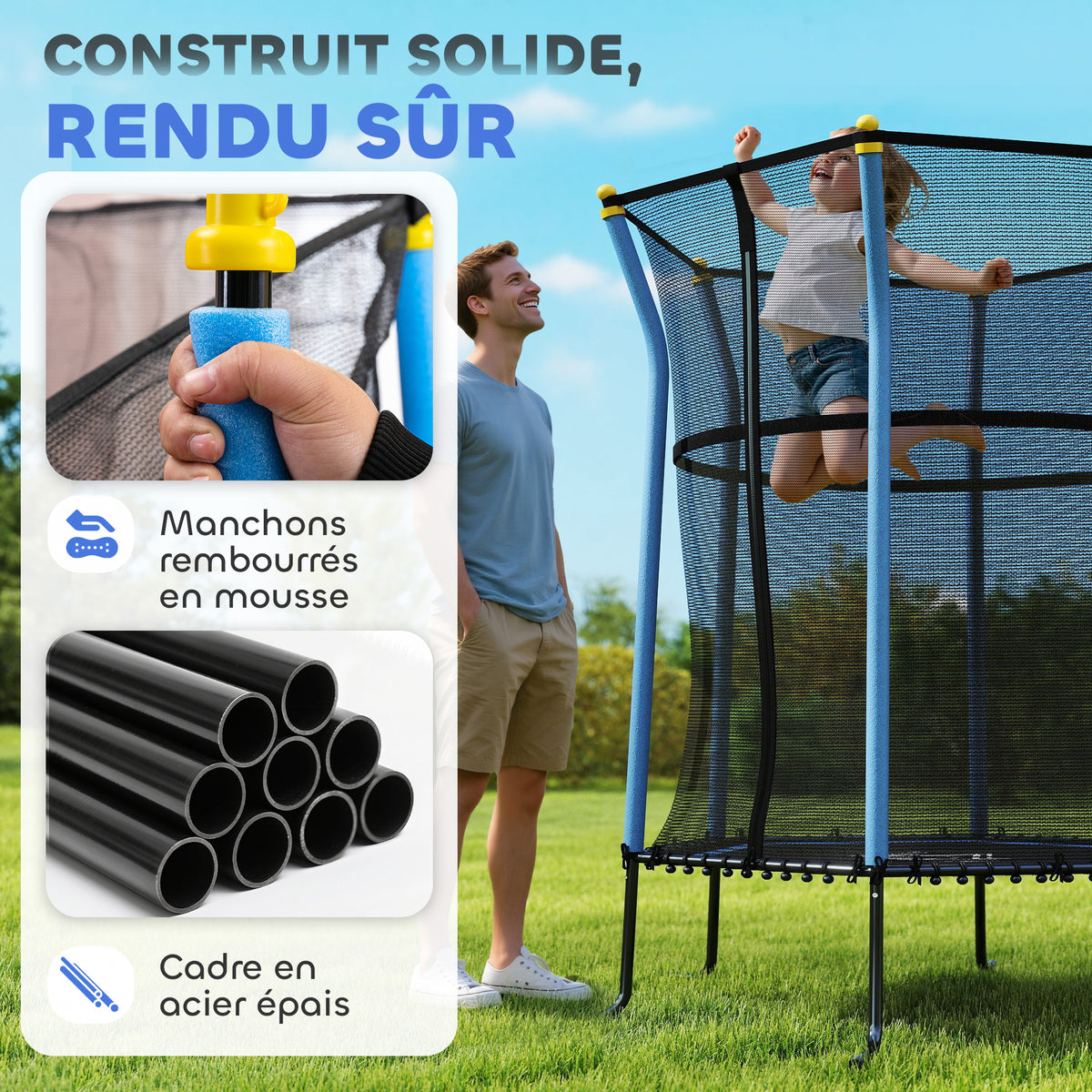 Trampoline pour enfant 1,22 x 1,11 x 1,9 m filet de sécurité porte zippée 6 poteaux rembourrés inclus bleu noir-3