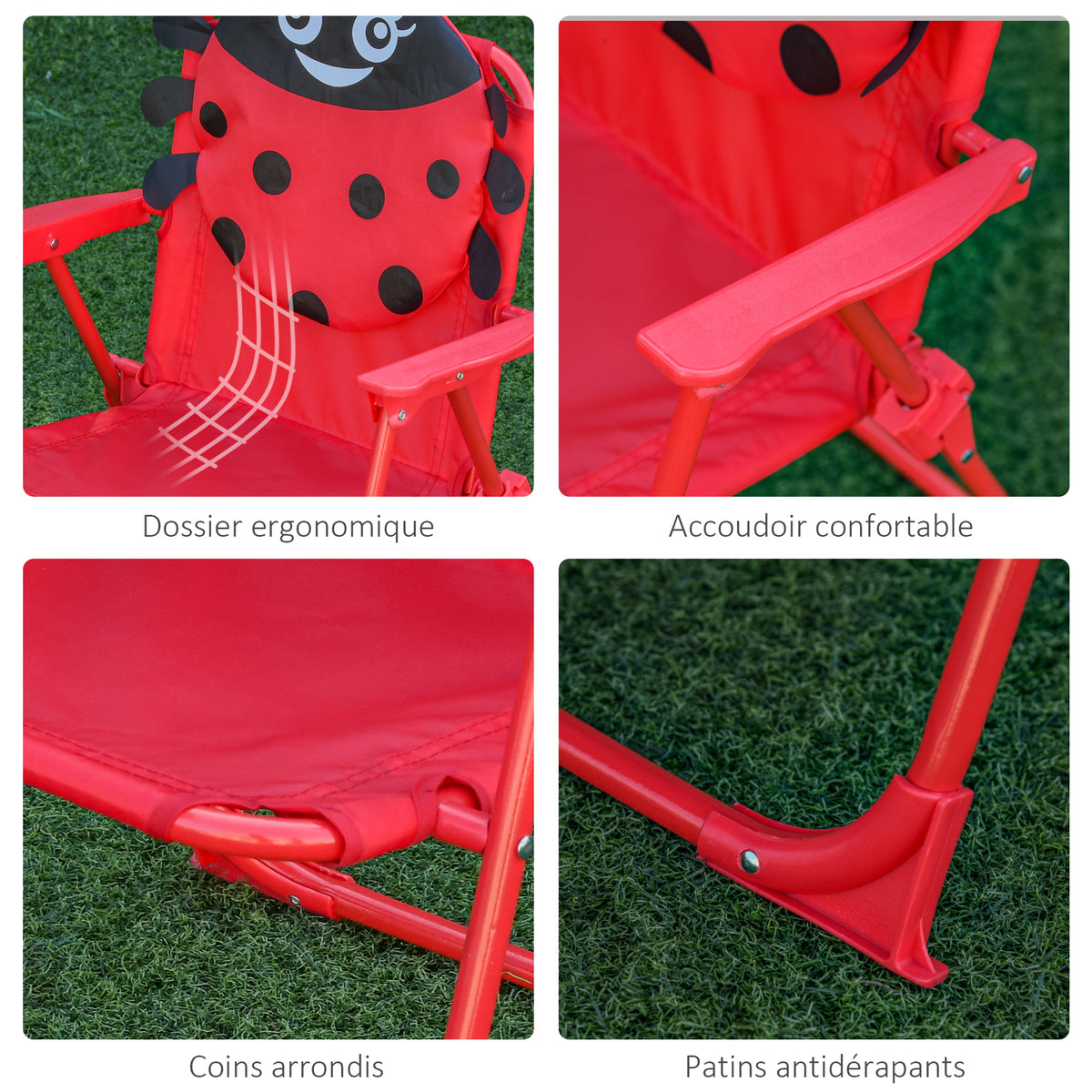 Ensemble Salon de Jardin Enfant 4 pcs Design Coccinelle - Table Ronde + 2 chaises Pliables + Parasol - métal époxy Oxford Rouge-8