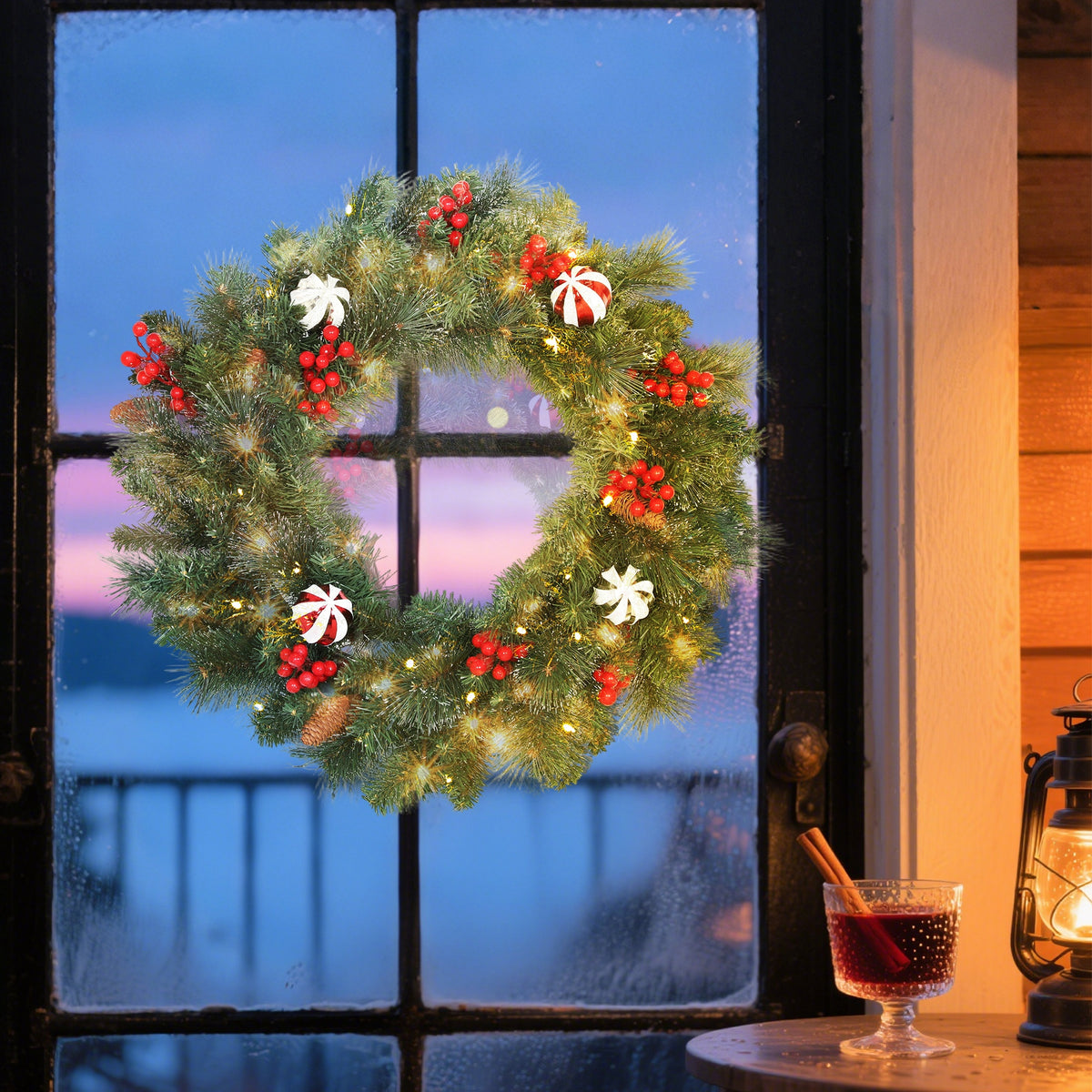 Couronne de Noël lumineuse 60 cm avec 50 LED, minuterie, 146 pointes, pommes de pin, baies, boules décoratives, vert-9
