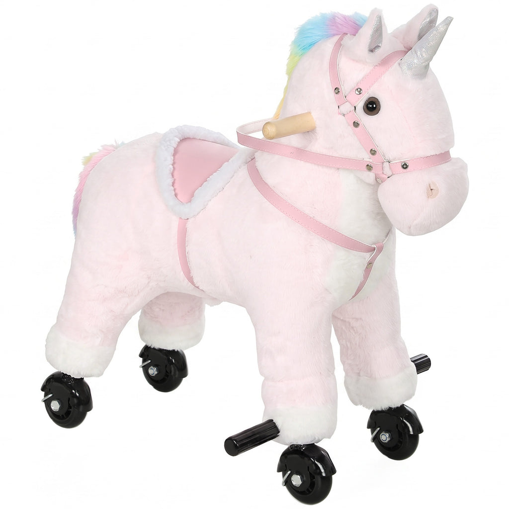 Cheval à Monter pour Enfant, Cheval à Roulettes en Peluche avec Effets Sonores, pour 1 à 3 Ans, Charge Max. 40kg, Rose-0