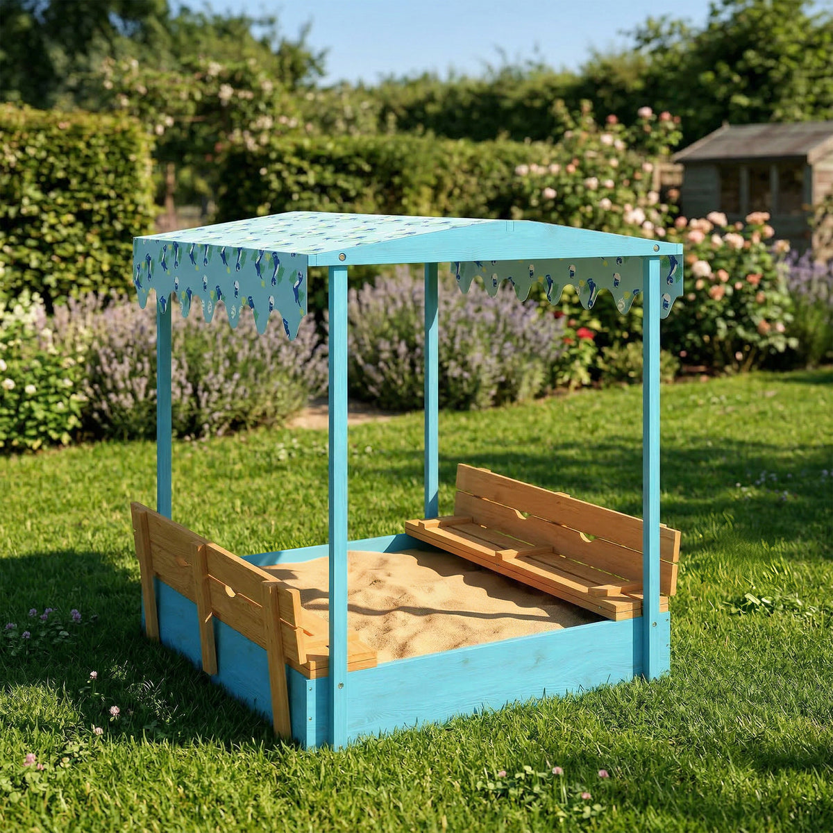 Bac à sable en bois avec couvercle, bac à sable enfant extérieur avec siège pliable toile imprimée flamants bleus-1