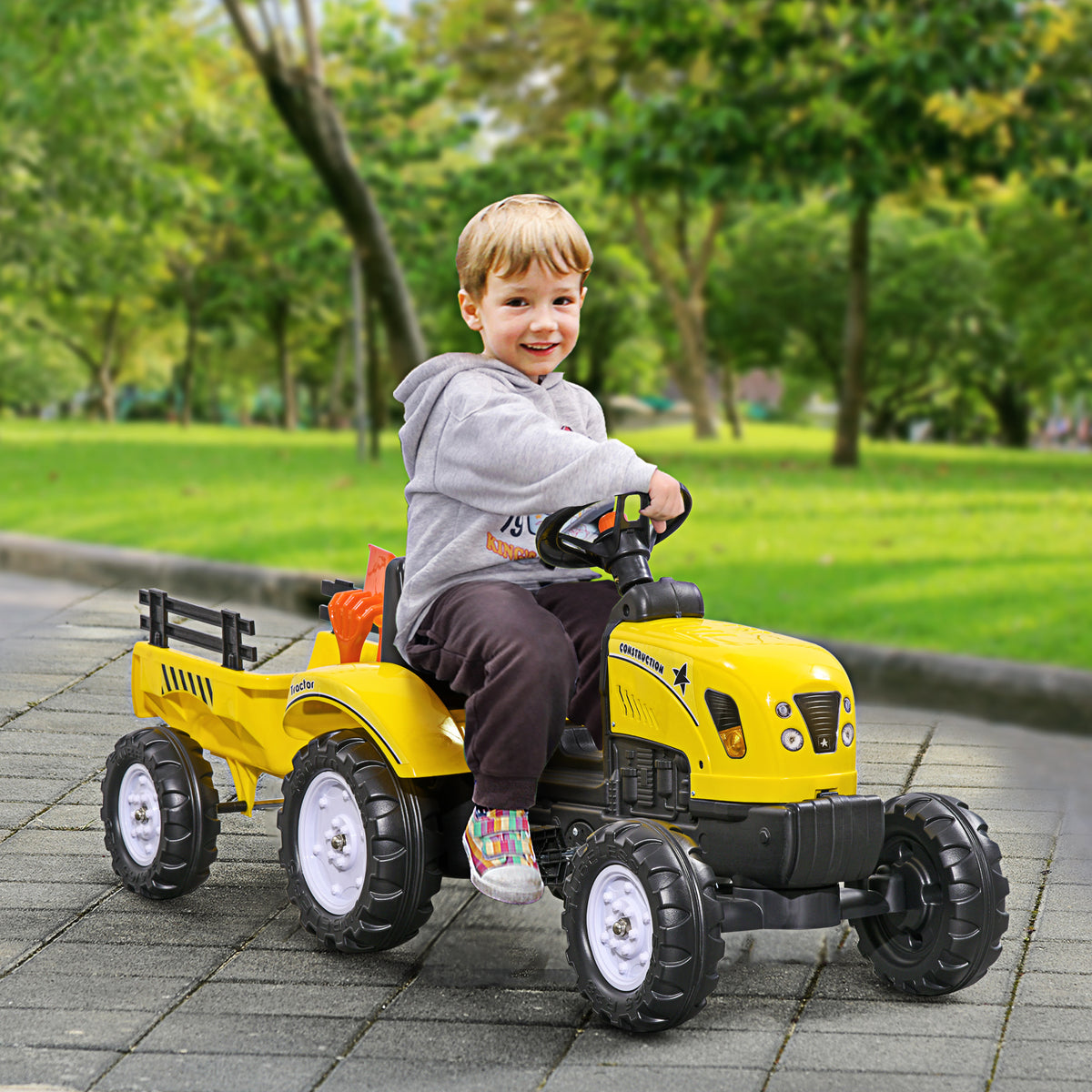 Porteur tracteur enfants avec remorque, râteau et pelle, tracteur à pédales 6 roues, charge 35 kg, pour 3+ ans, jaune-1