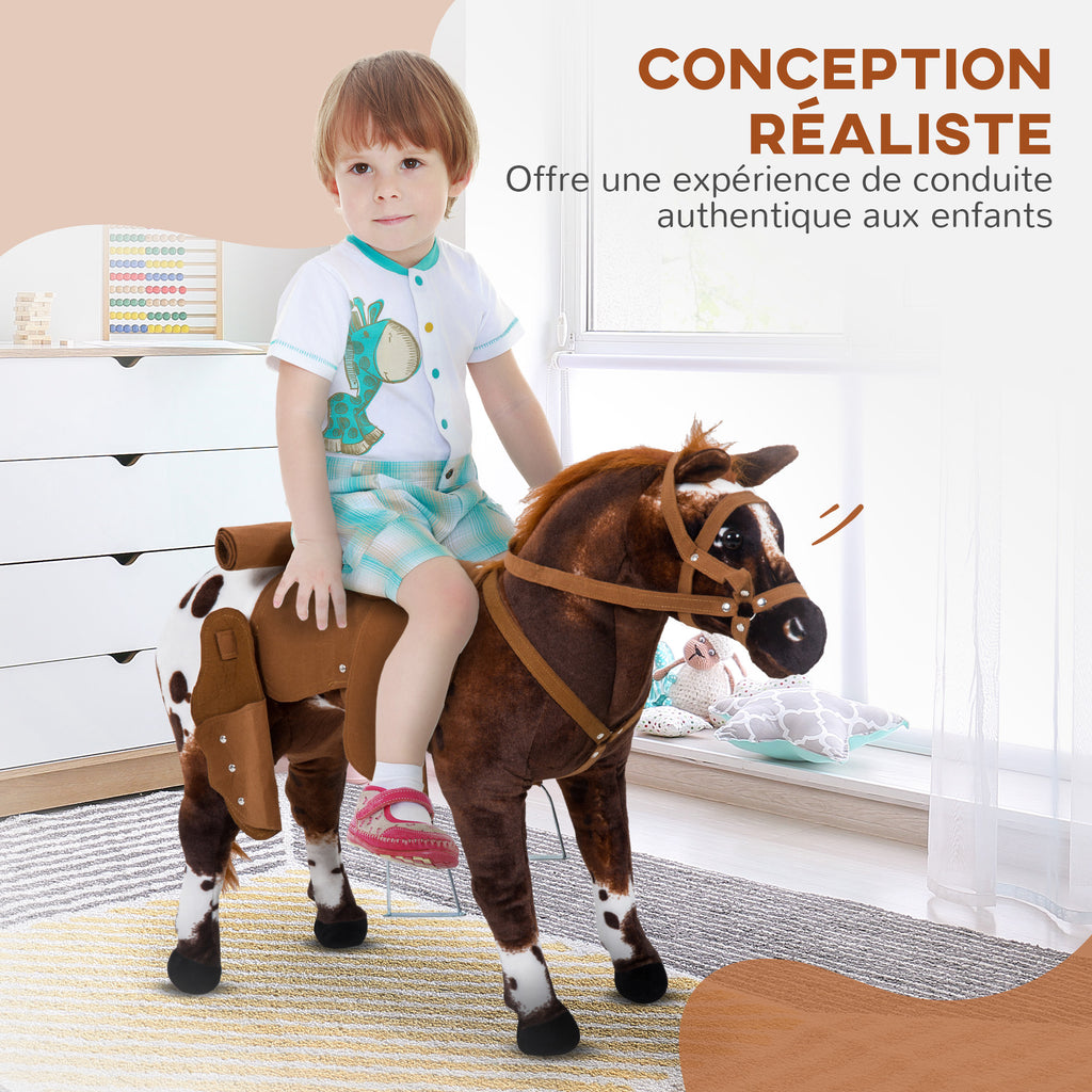Cheval Debout en Peluche Effets sonores hennissement et Galop Selle étrier rênes 85L x 28l x 60H Marron Blanc-3