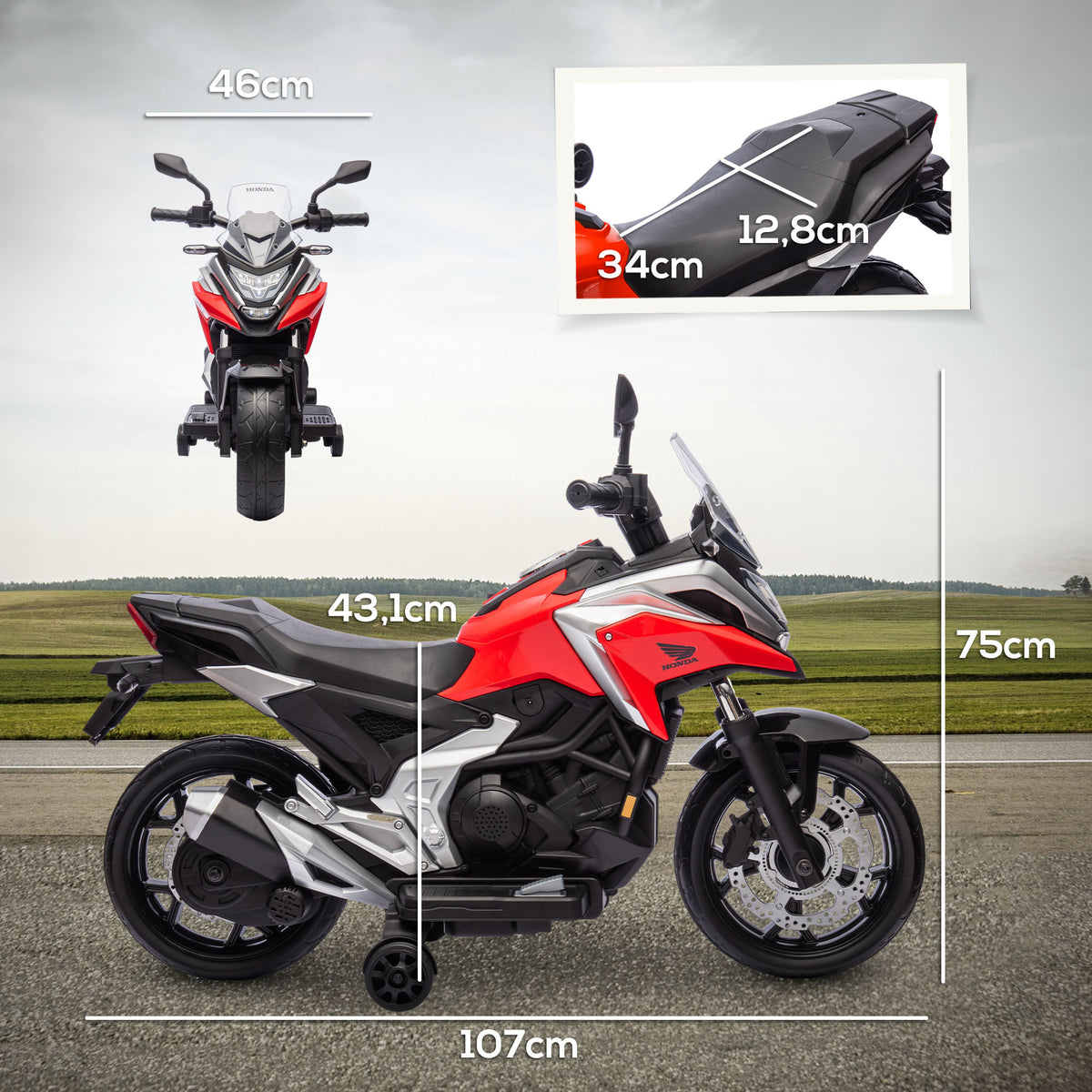 Moto électrique pour enfants 12V moto porteur Honda pour enfants 3 à 6 ans avec musique, phares rouge-2