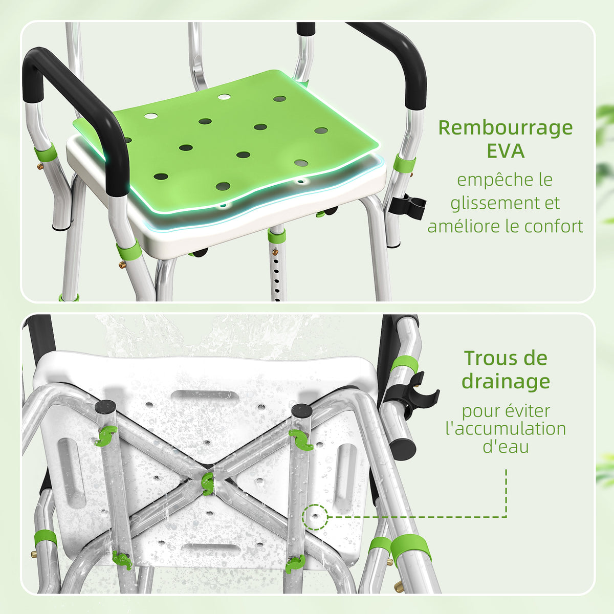 Tabouret de douche chaise de douche ergonomique hauteur réglable pieds antidérapants 56,5 x 53,5 x 87 cm blanc et vert-3