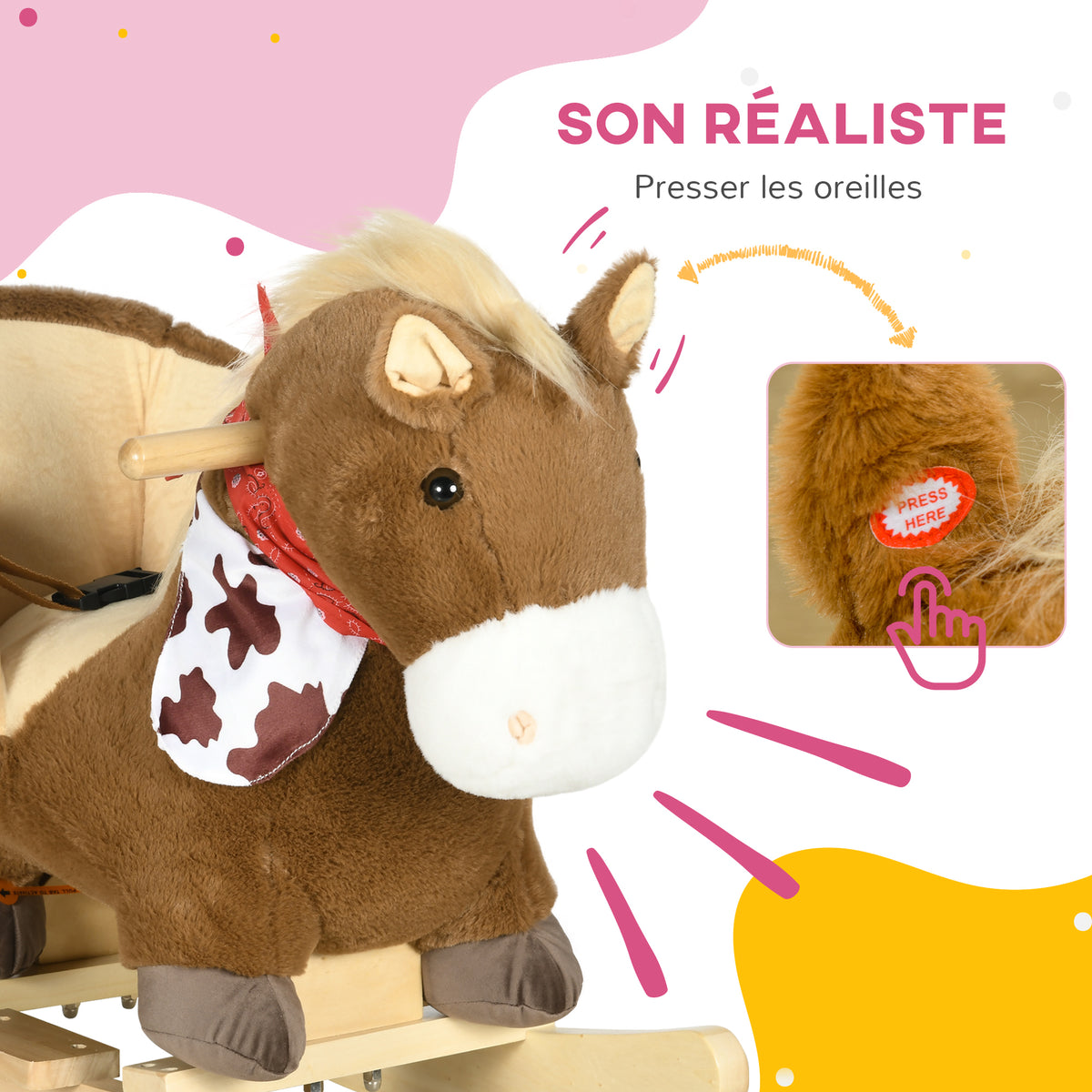 Cheval à bascule jouet à bascule fauteuil intégré ceinture de sécurité fonction sonore hennissement 18-36 mois marron-3