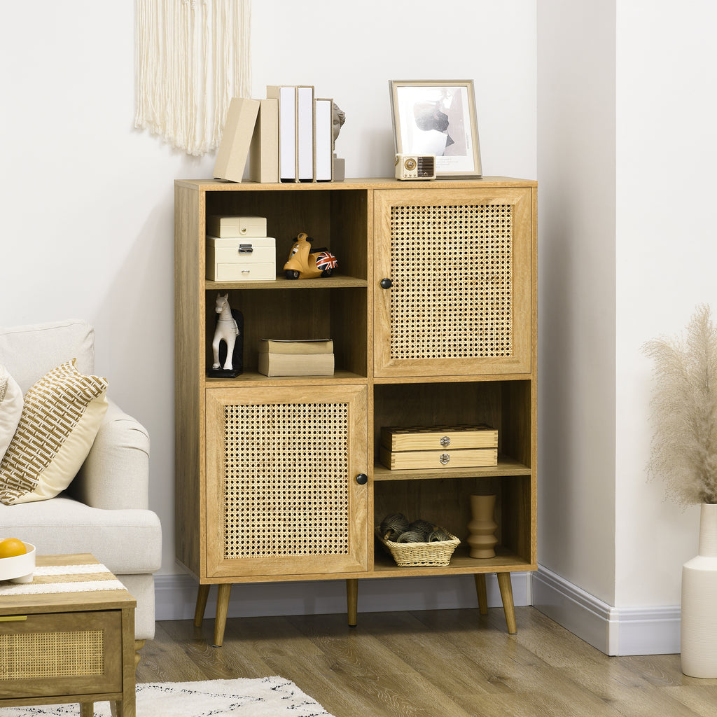 Buffet meuble de rangement armoire haut aspect bois et cannage design 2 portes - dim. 90L x 32,5l x 120H cm-1