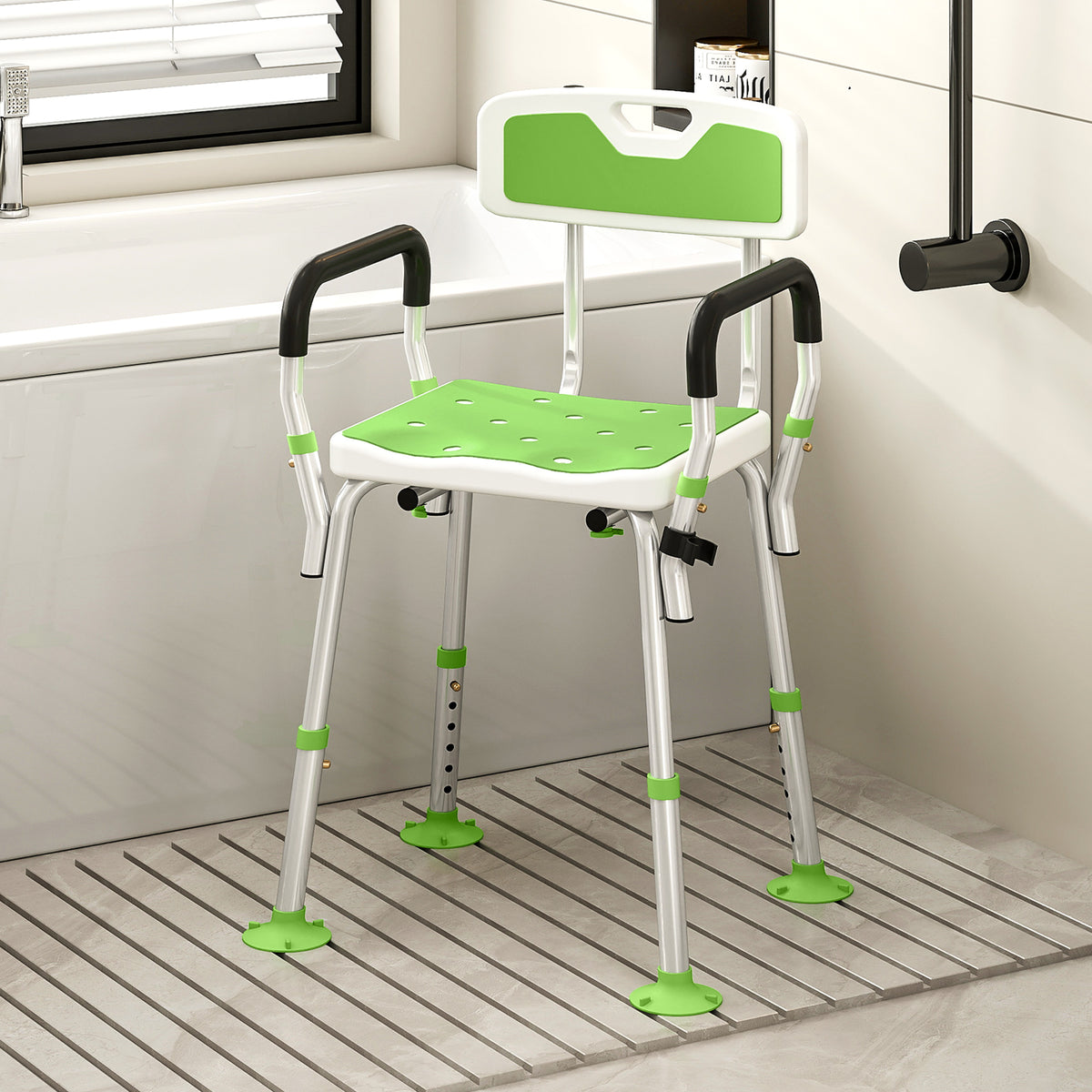 Tabouret de douche chaise de douche ergonomique hauteur réglable pieds antidérapants 56,5 x 53,5 x 87 cm blanc et vert-1