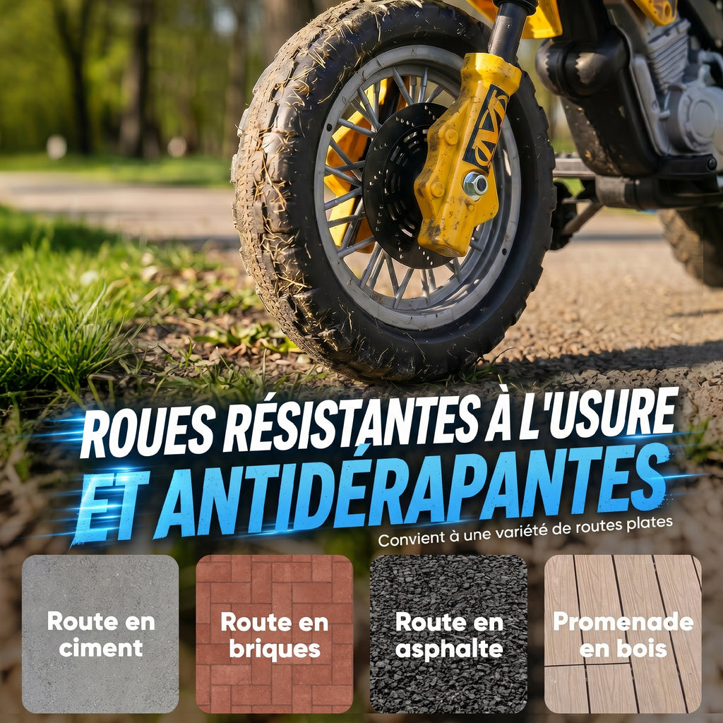 Moto électrique enfants, moto cross pour enfants avec batterie 6 V, phares, musiques et roues d'entraînement, 3 à 6 ans, charge 25KG, jaune et noir-4