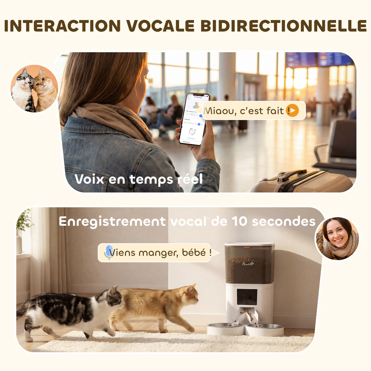 Distributeur Croquettes Chat Automatique 2 Animaux 6L Double Bol Inox WiFi Tuya App ABS 37x36x35cm Blanc-6