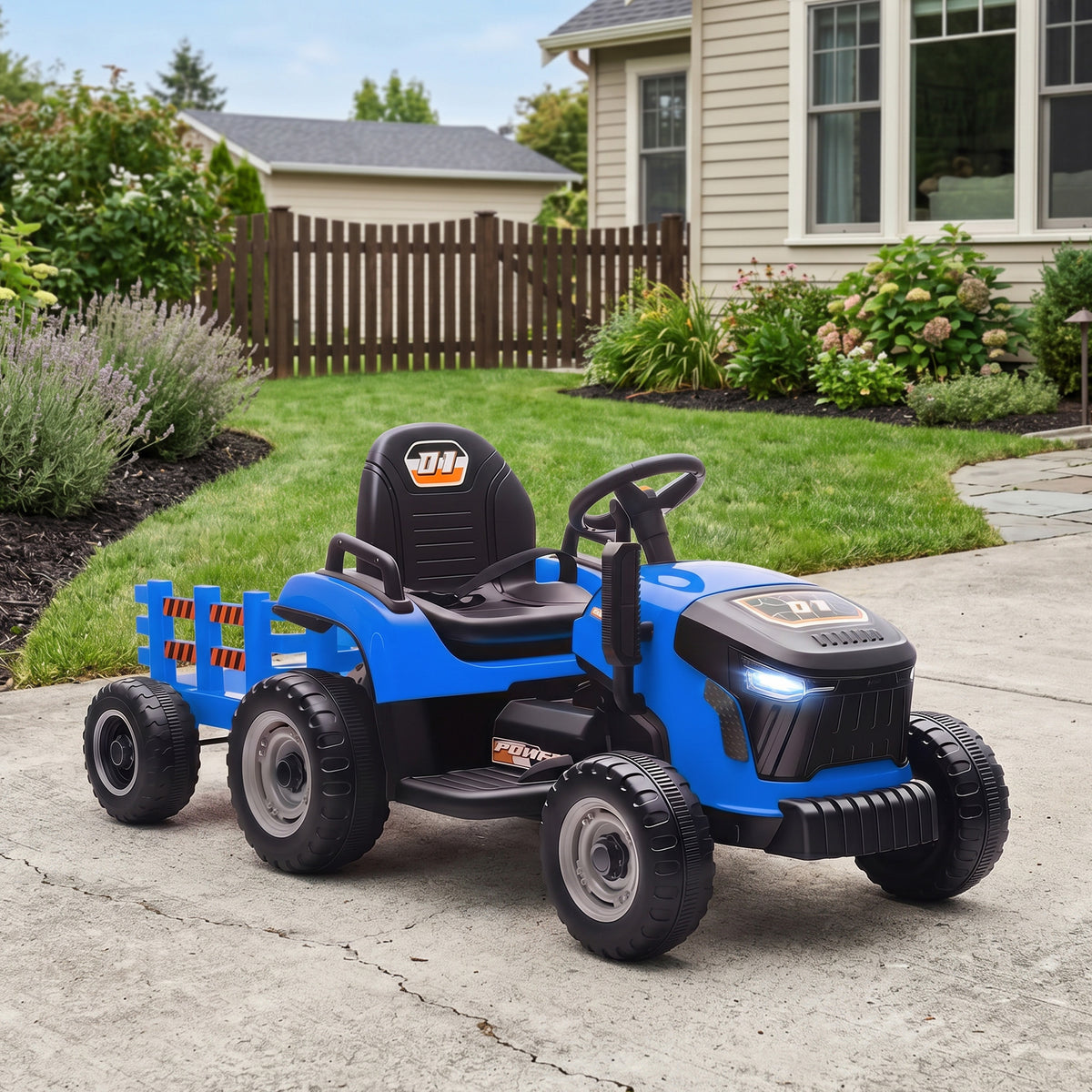 Tracteur électrique enfants avec remorque amovible, voiture électrique enfants, télécommande 2,4G, 139x58x55cm, bleu-9
