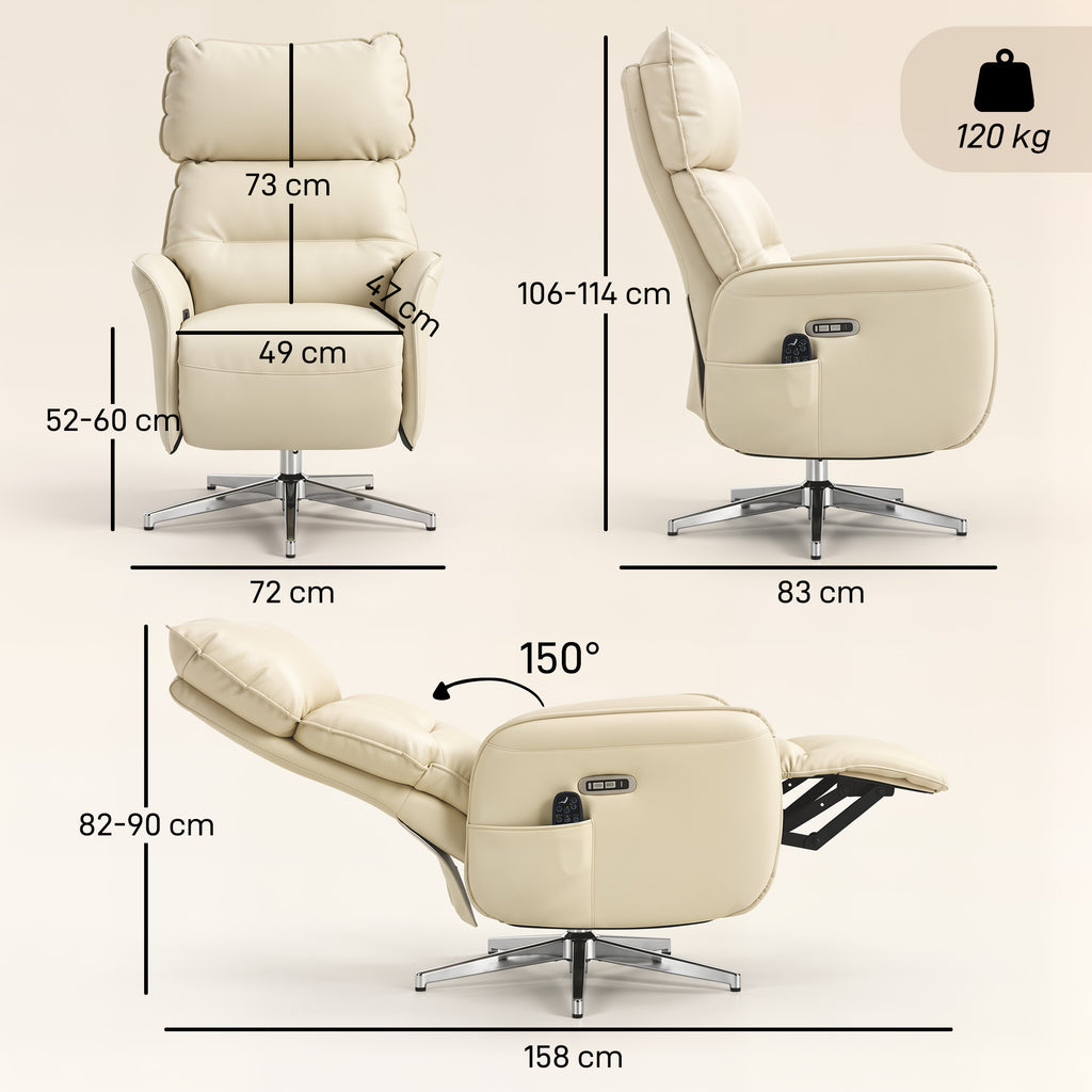 Fauteuil Relax Électrique Pivotant Massant et Chauffant Fauteuil Inclinable en PU Hauteur Réglable Double Moteur Crème-2
